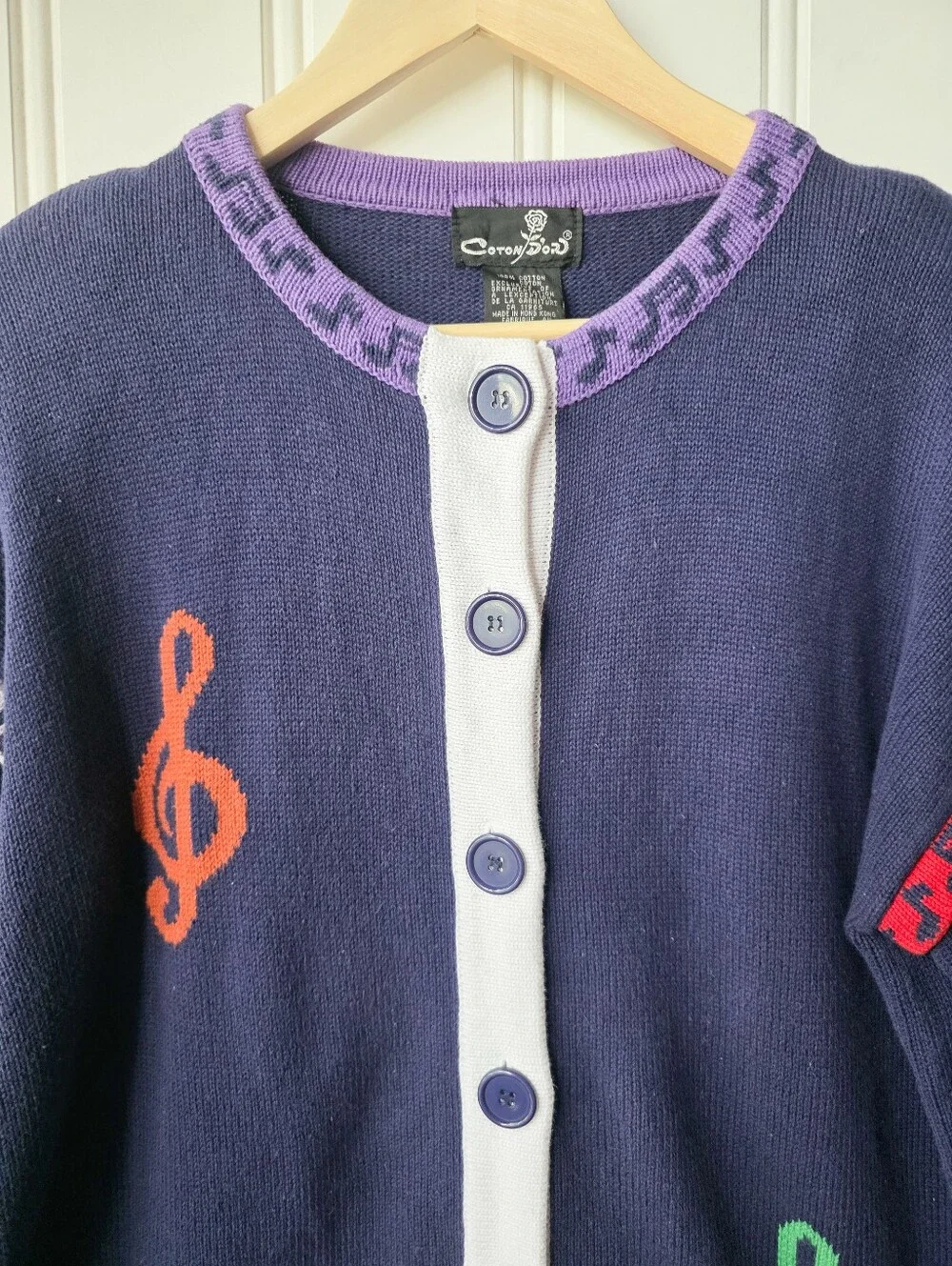 Vintage Coton D'or Musical Note Button Up Cardigan Sweater Purple Womens Medium - Picture 2 of 7